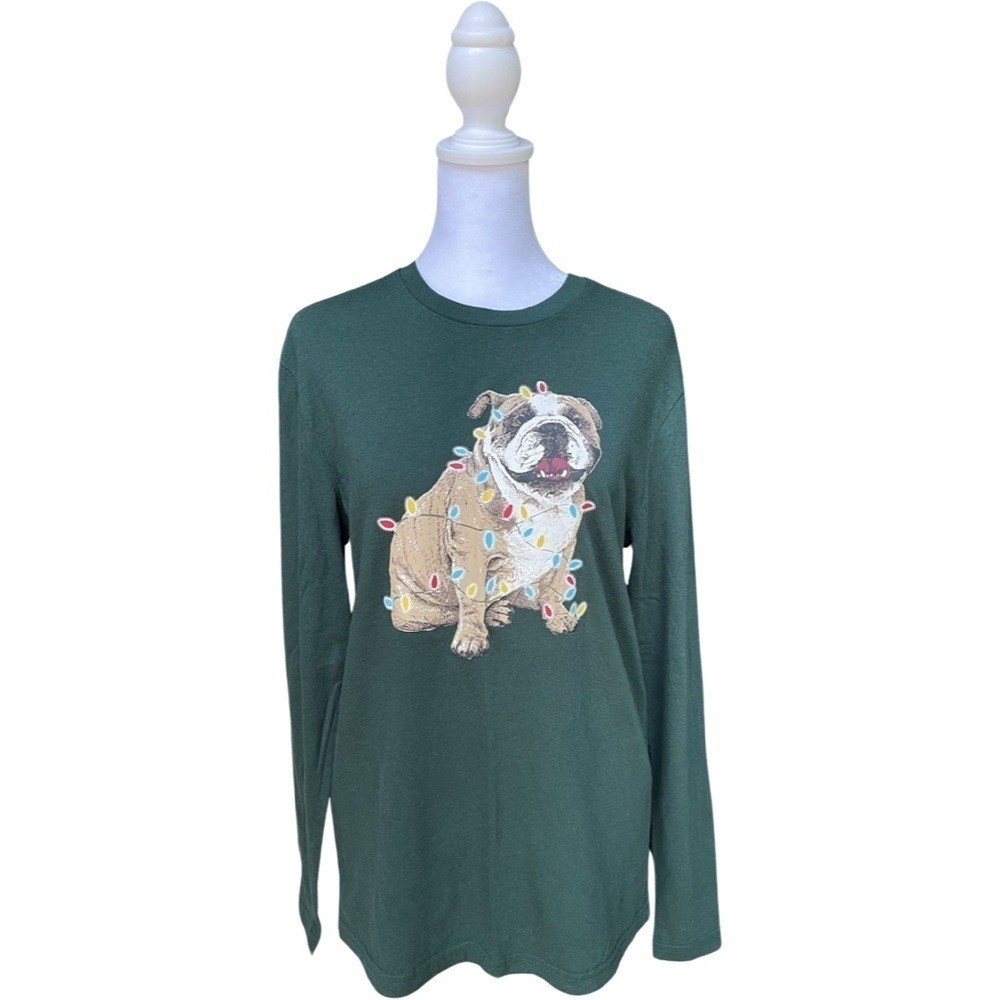 Club Room Bulldog Christmas Lights Long Sleeve Tee Size Small
